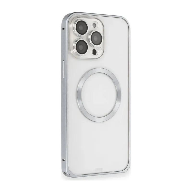 iPhone 15 Pro Max Kılıf Metal Bumper Magneticsafe Kapak - Gri