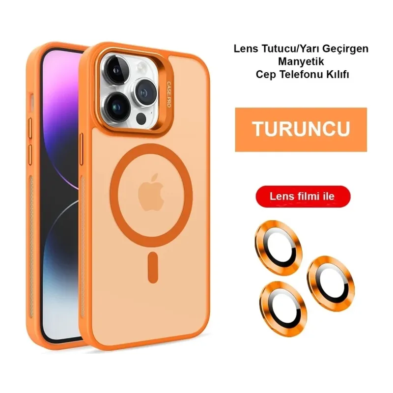 iPhone 14 Pro Kılıf Flet Lens Magsafe Kapak - Turuncu