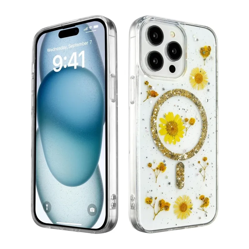 iPhone 14 Pro Max Kılıf Daisy Simli Magsafe Kapak - Gold