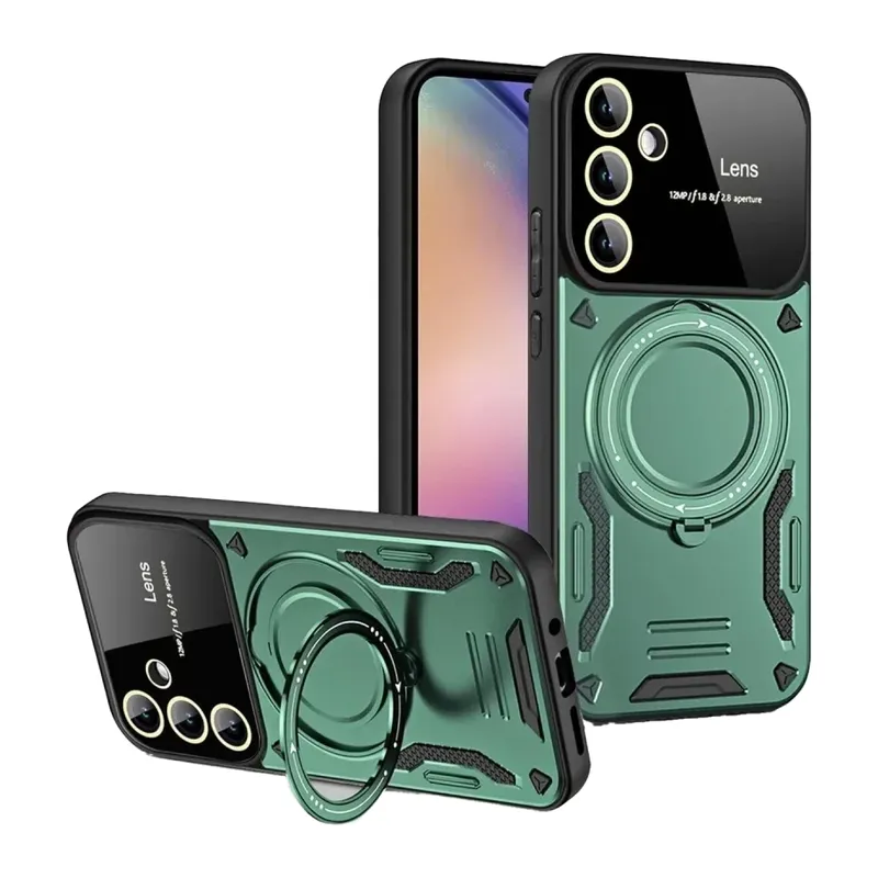 Samsung Galaxy S24 FE Kılıf Joy Lens Standlı Kapak - Koyu Yeşil