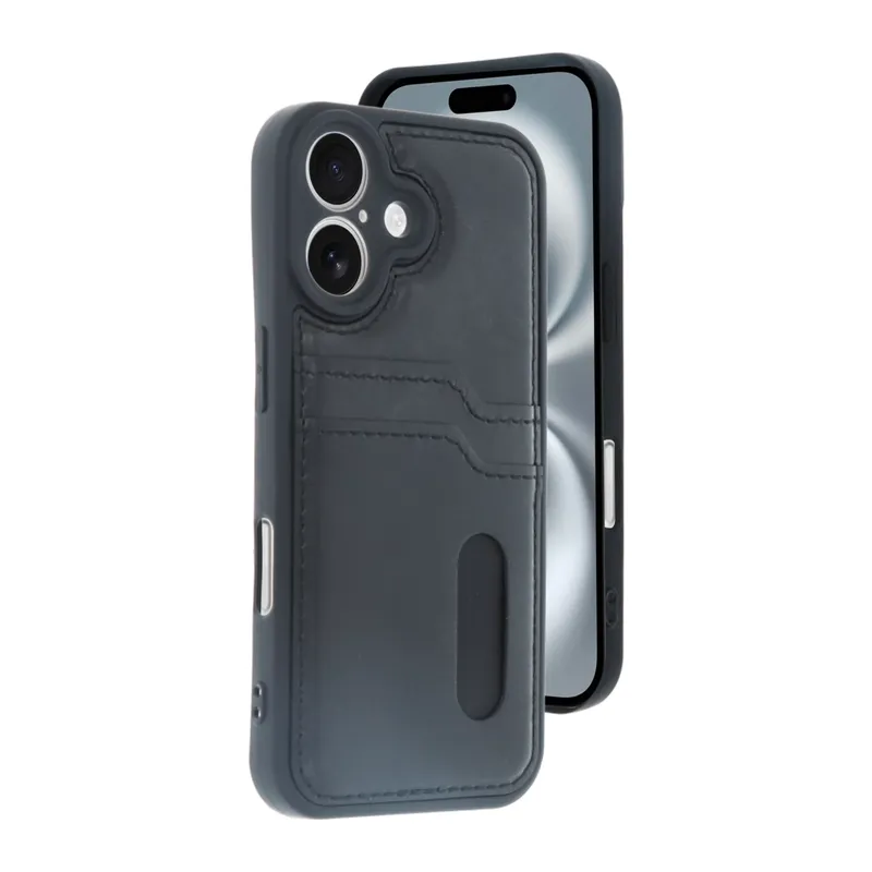 iPhone 16 Kılıf Sara Kartvizitli Deri Kılıf - Siyah