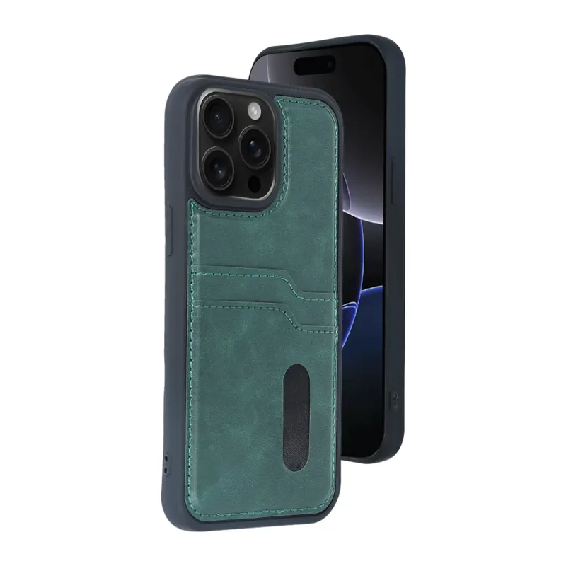 iPhone 15 Pro Max Kılıf Sara Kartvizitli Deri Kılıf - Koyu Yeşil