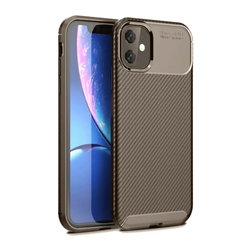 iPhone 11 Kılıf Auto Focus Karbon Kapak - Kahverengi