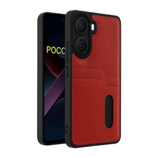 Poco X7 Pro Kılıf Sara Kartvizitli Deri Kılıf - Kırmızı