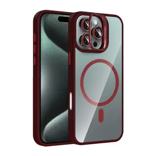 iPhone 16 Pro Max Remim Lensli Magsafe Standlı Kapak - Bordo