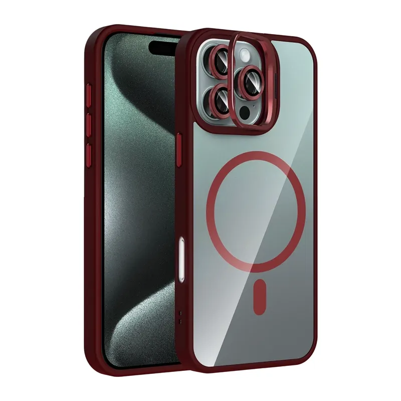 iPhone 16 Pro Max Remim Lensli Magsafe Standlı Kapak - Bordo