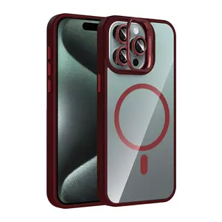 iPhone 14 Pro Max Remim Lensli Magsafe Standlı Kapak - Bordo