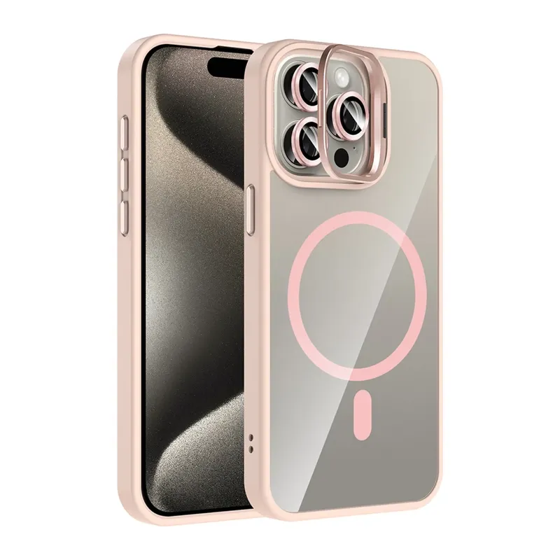 iPhone 14 Pro Max Remim Lensli Magsafe Standlı Kapak - Pembe