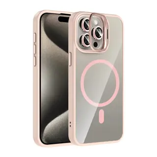 iPhone 15 Pro Max Remim Lensli Magsafe Standlı Kapak - Pembe