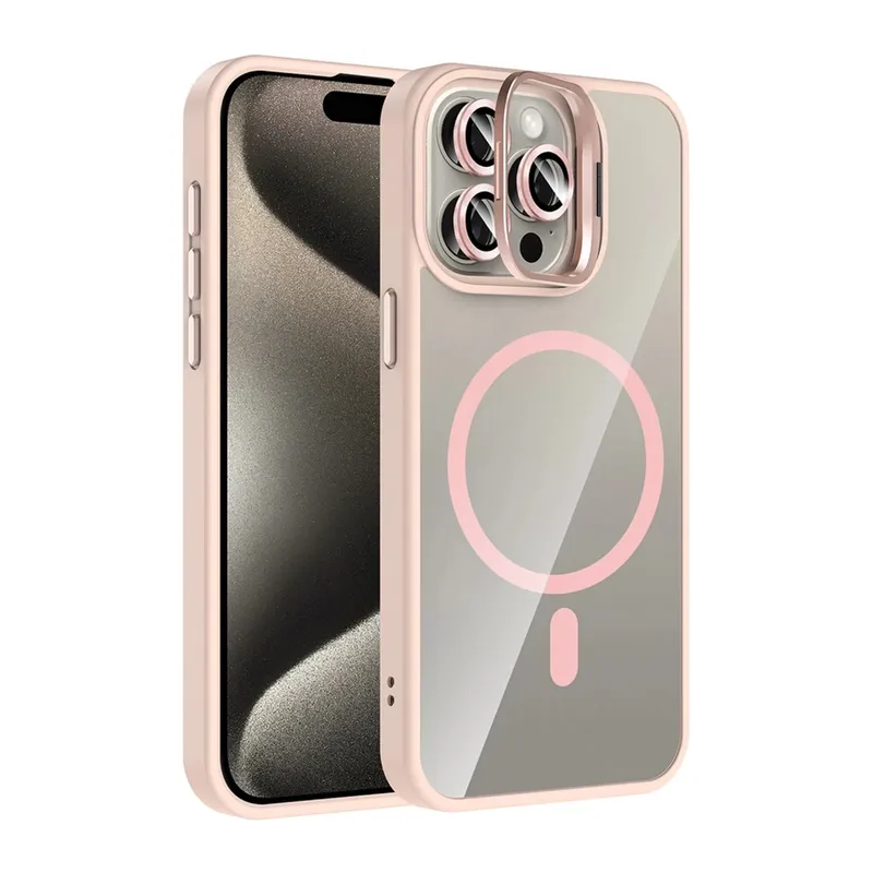 iPhone 15 Pro Max Remim Lensli Magsafe Standlı Kapak - Pembe