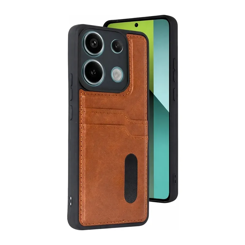 Redmi 15C 4G Sara Kartvizitli Deri Kılıf - Taba