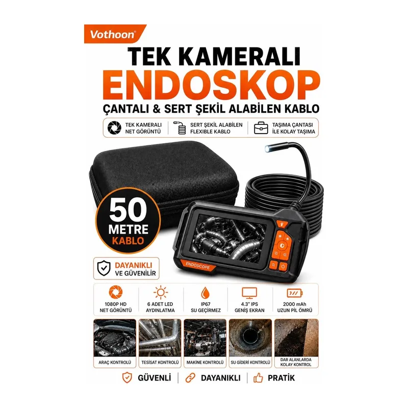Ekranlı Tek Kameralı 50 Mt Sert Kablo Yılan Endoskop Kamera 8 Mm 4.3 Inc