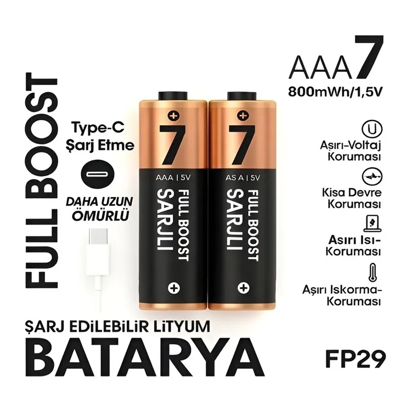 Type-c Şarjlı 800mwh 1.5v Şarj Edilebilir 2’li Aaa İnce Pil - Lityum Iyon Batarya