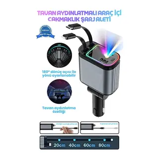 Led Işık Tavan Aydınlatmalı 66w 4’1 Çift Kablolu Hızlı Şarj 3.4a Araç İçi Çakmaklık Şarj Aleti