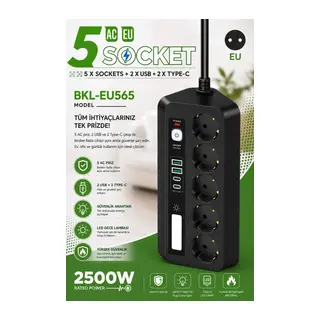 5’li Akım Korumalı Priz 2500w | 2 Usb + 2 Type-c Hızlı Şarj | Led Gece Lambalı | Dokunmatik Siyah