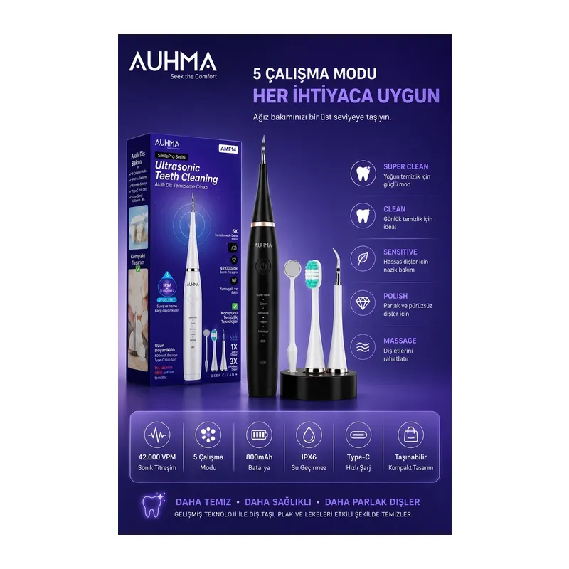 Ultrasonic Şarjlı Elektrikli Akıllı Diş Temizleme Cihazı Beyazlatıcı 5 Mod 3+1 Başlık, Ipx8 Su Geçirmez Siyah