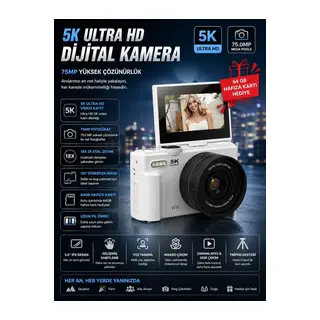 5k 75mp Hd Dijital Kamera 18x Dijital Zoom, Flaşlı,3.0 İnç Ekranlı Fotoğraf Makinesi