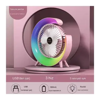 Masaüstü Vantilatör Usb Şarjlı Rgb Led Işıklı 3 Kademeli 180° Ayarlanabilir Soğutucu Fan Pembe
