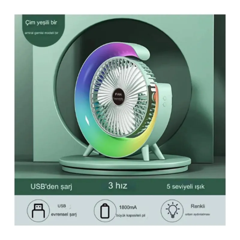 Masaüstü Vantilatör Usb Şarjlı Rgb Led Işıklı 3 Kademeli 180° Ayarlanabilir Soğutucu Fan Yeşil