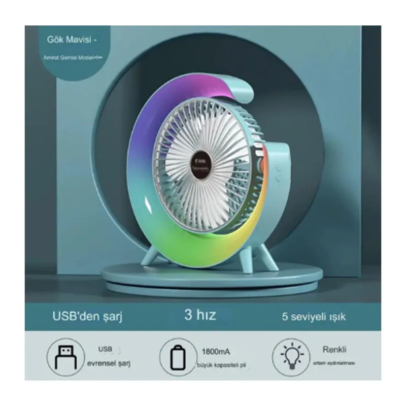 Masaüstü Vantilatör Usb Şarjlı Rgb Led Işıklı 3 Kademeli 180° Ayarlanabilir Soğutucu Fan Mavi