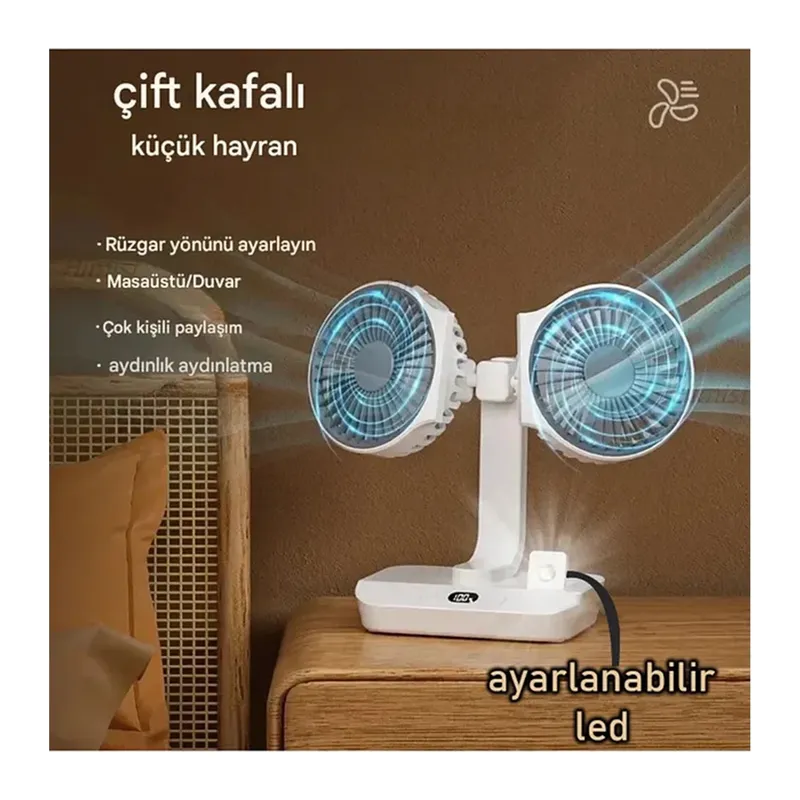 Masaüstü Dijital Ekranlı Çift Fanlı Led Işıklı Soğutucu Fan Ev Ofis Şarjlı Vantilatör