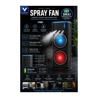 Çift Başlıklı Sprey Fan Nemlendirici Ve Renkli Led Işıklı Siyah