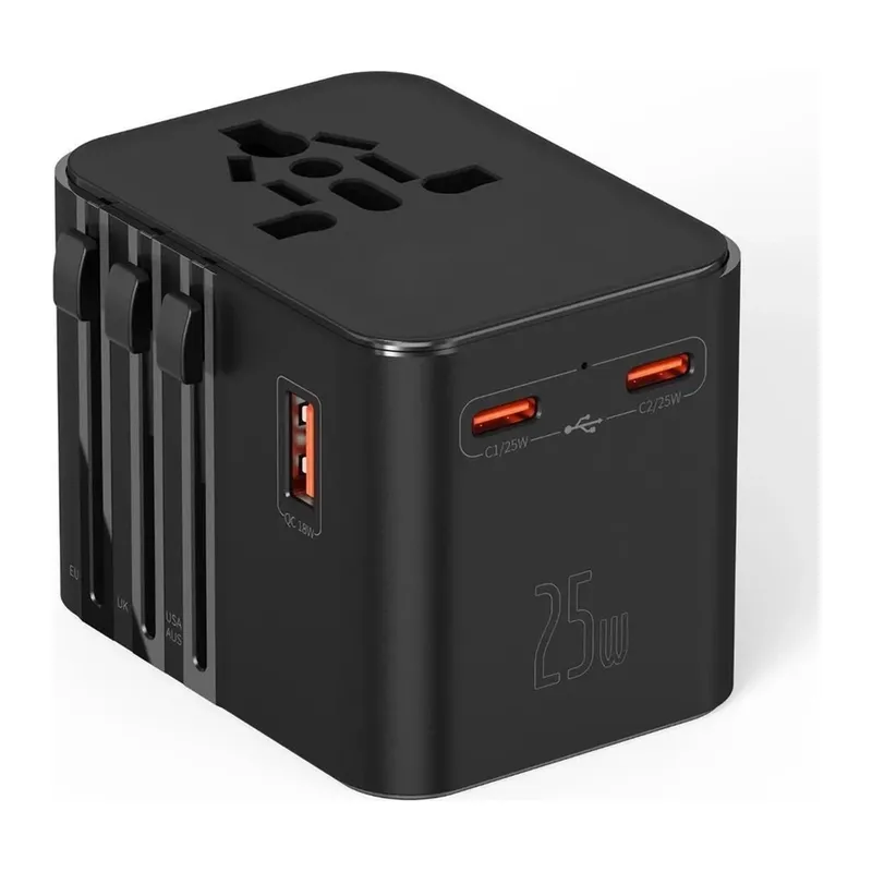 25w Evrensel Seyahat Adaptörü, Eu/us/uk/au Priz Dönüştürücü, 1x Usb, 2x Type-c Hızlı Şarj