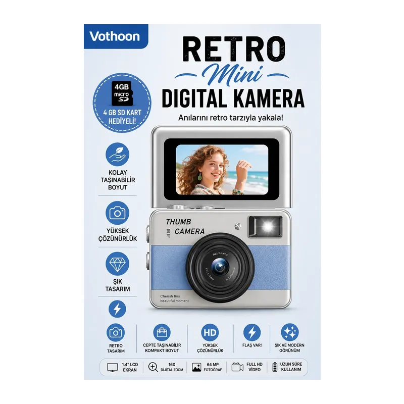 Retro Mini Dijital Kamera 1080p 1.47 İnç Flip Ekranlı Flaşlı Selfie Vlog Kamerası 4gb Sd Hediyeli Mavi