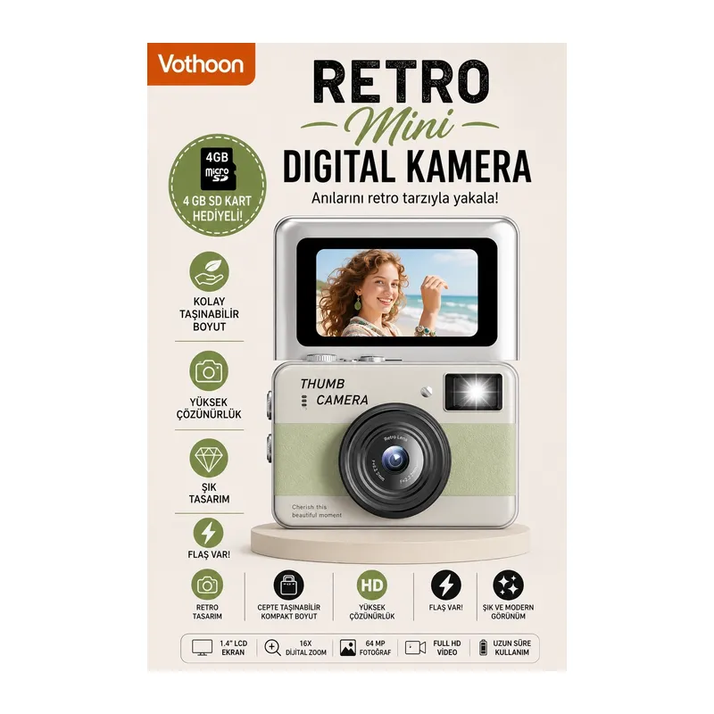 Retro Mini Dijital Kamera 1080p 1.47 İnç Flip Ekranlı Flaşlı Selfie Vlog Kamerası 4gb Sd Hediyeli Yeşil
