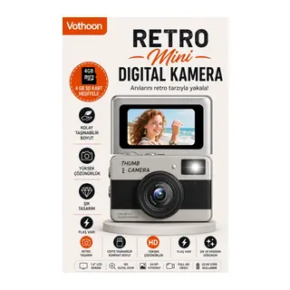 Retro Mini Dijital Kamera 1080p 1.47 İnç Flip Ekranlı Flaşlı Selfie Vlog Kamerası 4gb Sd Hediyeli Siyah