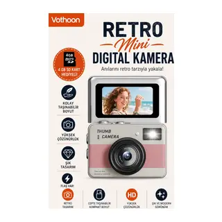Retro Mini Dijital Kamera 1080p 1.47 İnç Flip Ekranlı Flaşlı Selfie Vlog Kamerası 4gb Sd Hediyeli Pembe