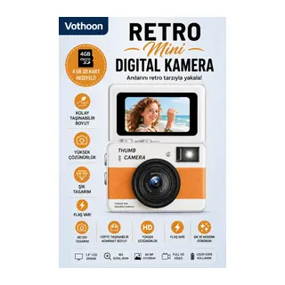 Retro Mini Dijital Kamera 1080p 1.47 İnç Flip Ekranlı Flaşlı Selfie Vlog Kamerası 4gb Sd Hediyeli Turuncu