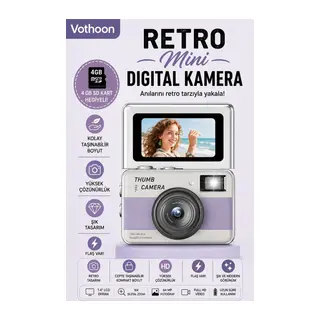 Retro Mini Dijital Kamera 1080p 1.47 İnç Flip Ekranlı Flaşlı Selfie Vlog Kamerası 4gb Sd Hediyeli Mor