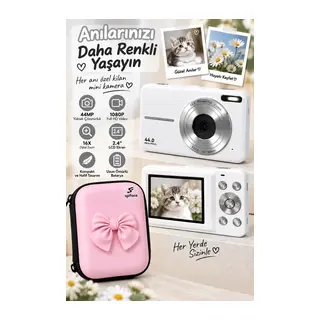 4k Figürlü Çantalı Dijital Video Kamera 44mp 16x Zoom Işıklı Kart Dijital Fotoğraf Makinesi 64gb Hafıza Kart Hediyeli Beyaz