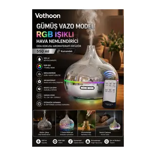 Gümüş Vazo Model Rgb Işıklı Hava Nemlendirici & Aromaterapi Difüzör – 550 Ml Kumandalı