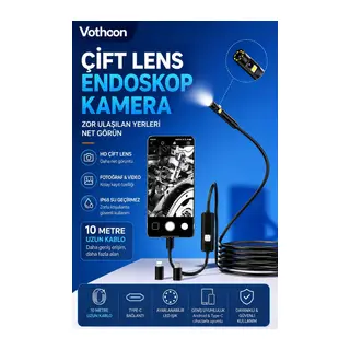 10 Metre Çift Kameralı İos/android Uyumlu Yılan Endoskop Kamera 8mm 2mp Led’li Sert Kablo