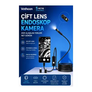 5 Metre Çift Kameralı İos/android Uyumlu Yılan Endoskop Kamera 8mm 2mp Led’li Sert Kablo