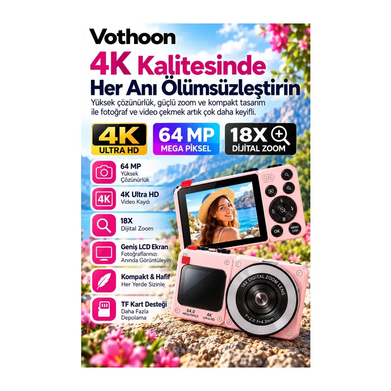 4k Dijital Fotoğraf Makinesi 18x Dijital Zoom 64 Mp Ön Ve Arka Ekranlı Kompakt Kamera Pembe