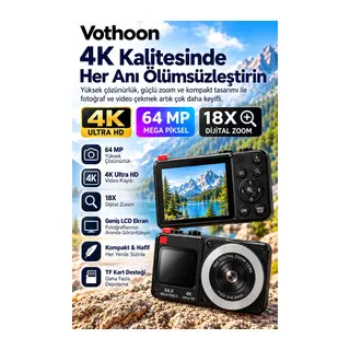 4k Dijital Fotoğraf Makinesi 18x Dijital Zoom 64 Mp Ön Ve Arka Ekranlı Kompakt Kamera Siyah