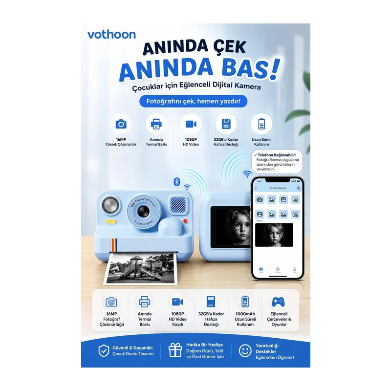 Çocuk Anında Baskılı Fotoğraf Makinesi 16mp Dijital Kamera 1080p Video Wifi Telefon Destekli