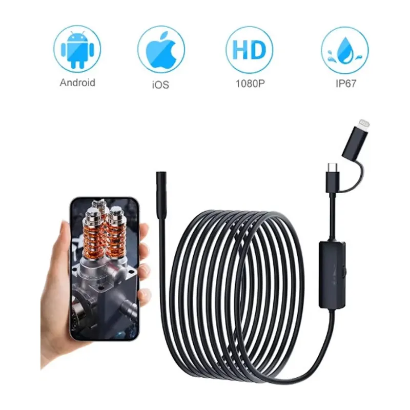 5 Metre Endoskop Yılan Video Kamera Ios Ve Android Uyumlu Led’li 8 Mm Sert Kablo 2mp