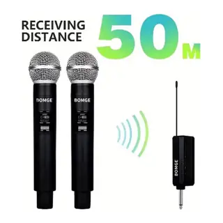 Profesyonel Çiftli Kablosuz Mikrofon Seti Karaoke Şarj Edilebilir 50 Metre Mesafe