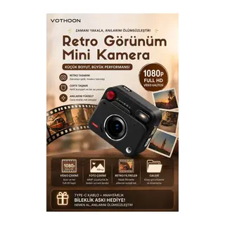 Nostaljik Tasarımı Retro Görünüm Kare Mini Foto Video Kamera 1080p Full Hd 32gb Kart Hediyeli
