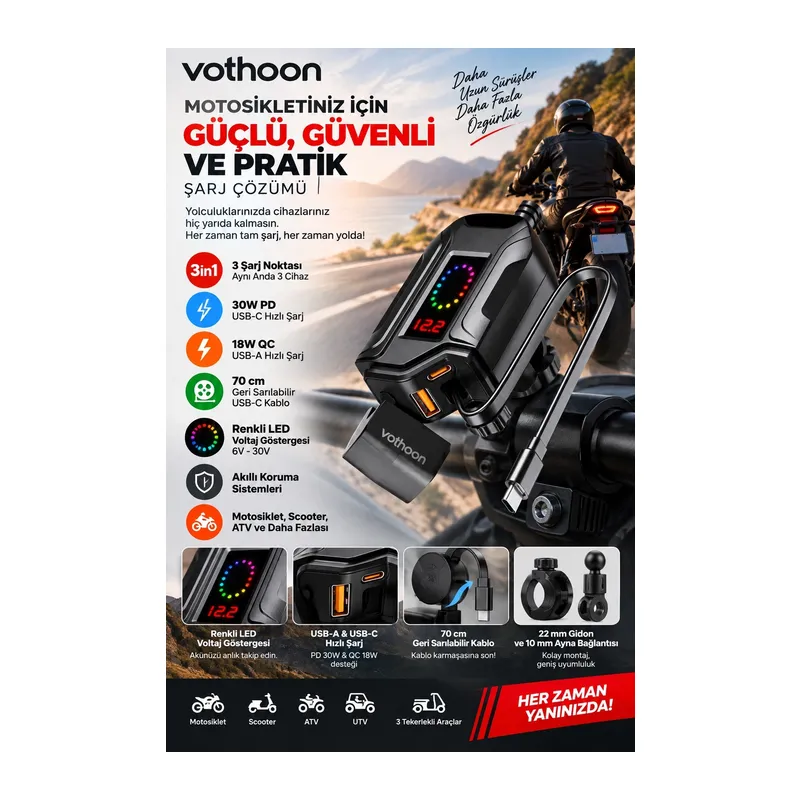 Motosiklet Telefon Tutucu Ayna Ve Gidon Bağlantılı Telefon Şarj Cihazı Geri Sarılabilir Type-c Kablolu Voltaj Göstergeli 30w