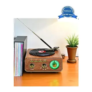 Nostaljik Tasarım Plak Çalar Görünümlü Radyolu Bluetooth Hoparlör Retro Müzik Plak Açık Kahverengi