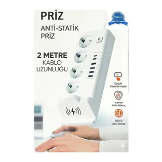Akım Korumalı Kablosuz Şarjlı Masaüstü Priz | 4 Priz, 4 Usb, 2 Type-c