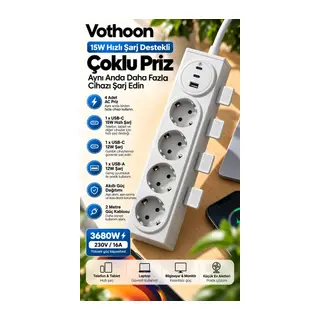 4’lü Akıllı Priz Tek Dokunuşla Fiş Çıkarma 2 Metre Kablo 2 Type-c + Usb 15w Hızlı Şarj 3680w Krem