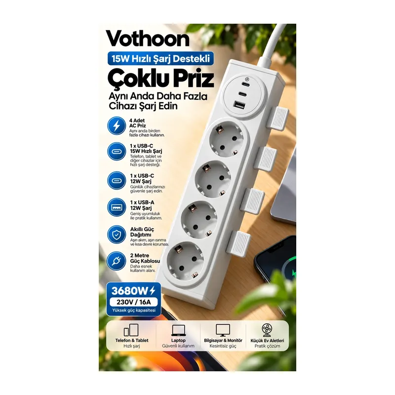 4’lü Akıllı Priz Tek Dokunuşla Fiş Çıkarma 2 Metre Kablo 2 Type-c + Usb 15w Hızlı Şarj 3680w Krem