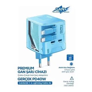 Gan+ Pd 40w Hızlı Şarj Adaptörü Çoklu Çıkış Usb-c Lightning Kablolu Hızlı Şarj Cihazı Ev Ofis Uyumlu Mavi