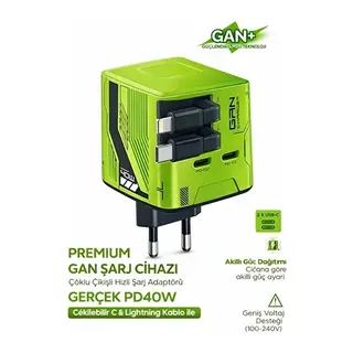Gan+ Pd 40w Hızlı Şarj Adaptörü Çoklu Çıkış Usb-c Lightning Kablolu Hızlı Şarj Cihazı Ev Ofis Uyumlu Yeşil